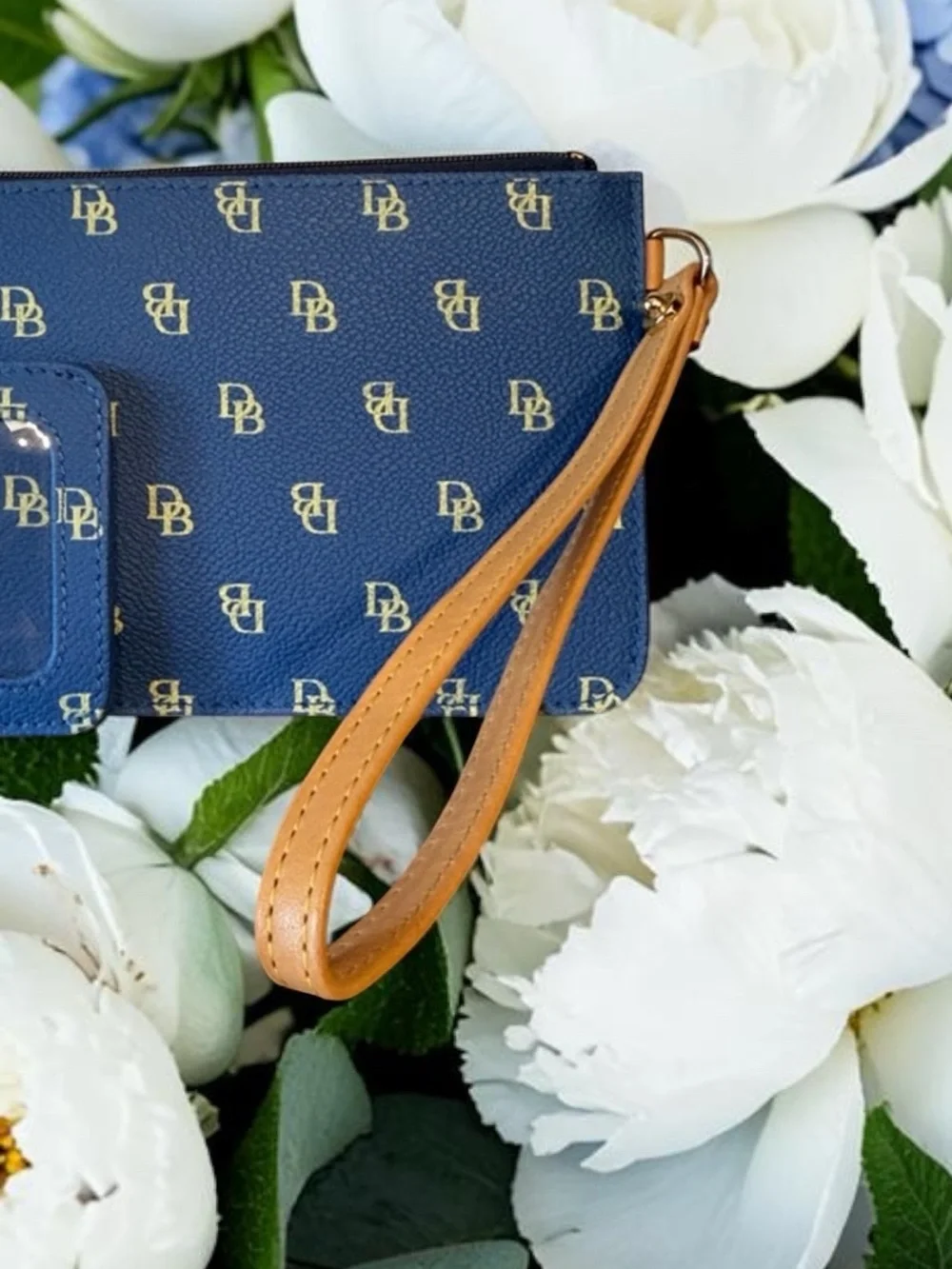 DOONEY & BOURKE signature DB monogram, cornflower blue wristlet,& ID card holder